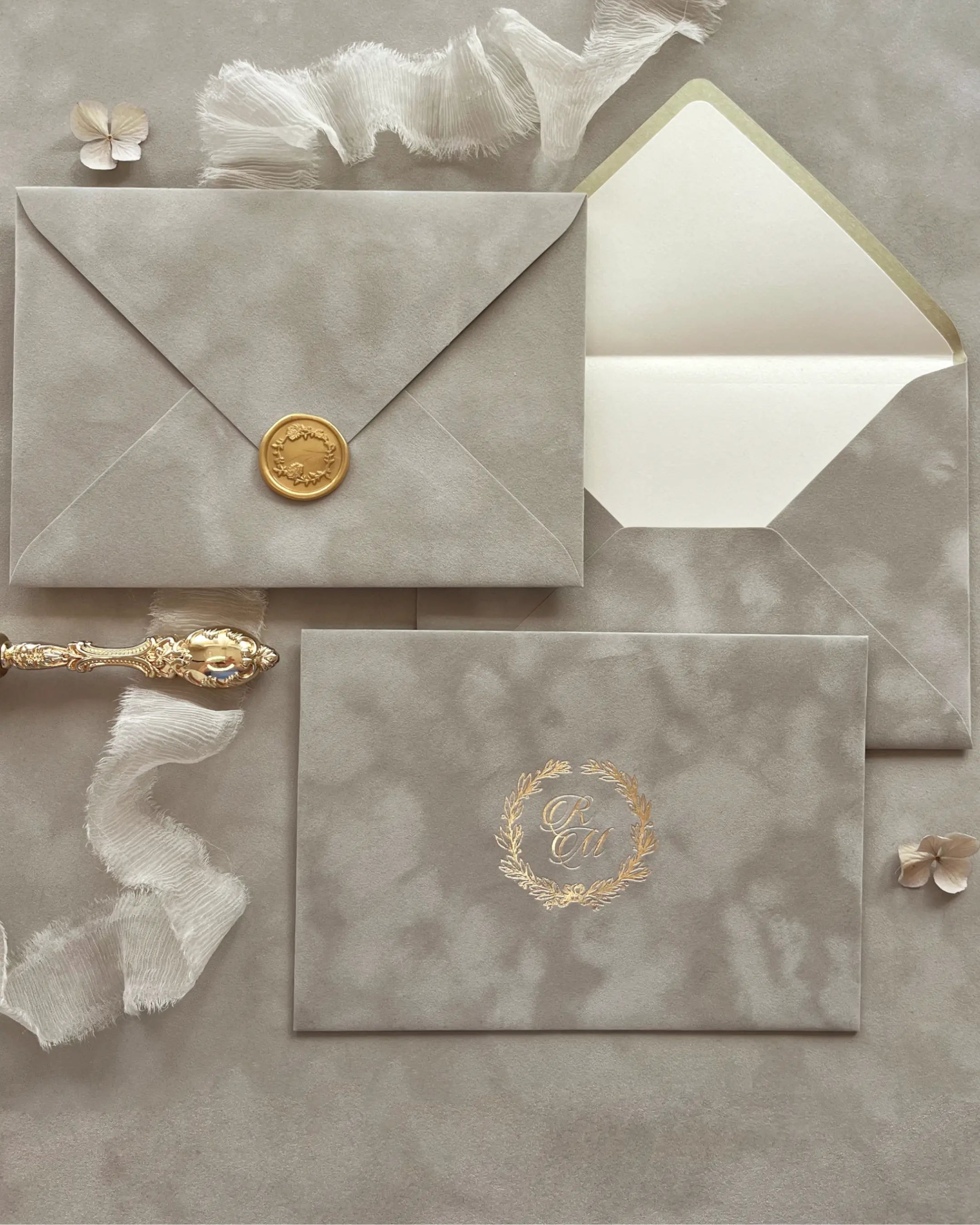 Platine Velvet Wedding Envelopes with gold wax seal, shimmer liner and gold foil wreath monogram card — Polina Perri